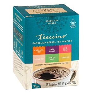 teeccino dandelion tea sampler – caramel, coconut, dark roast, mocha mint, red chai, turmeric – roasted herbal tea that’s caffeine free & prebiotic with detoxifying dandelion, 12 tea bags