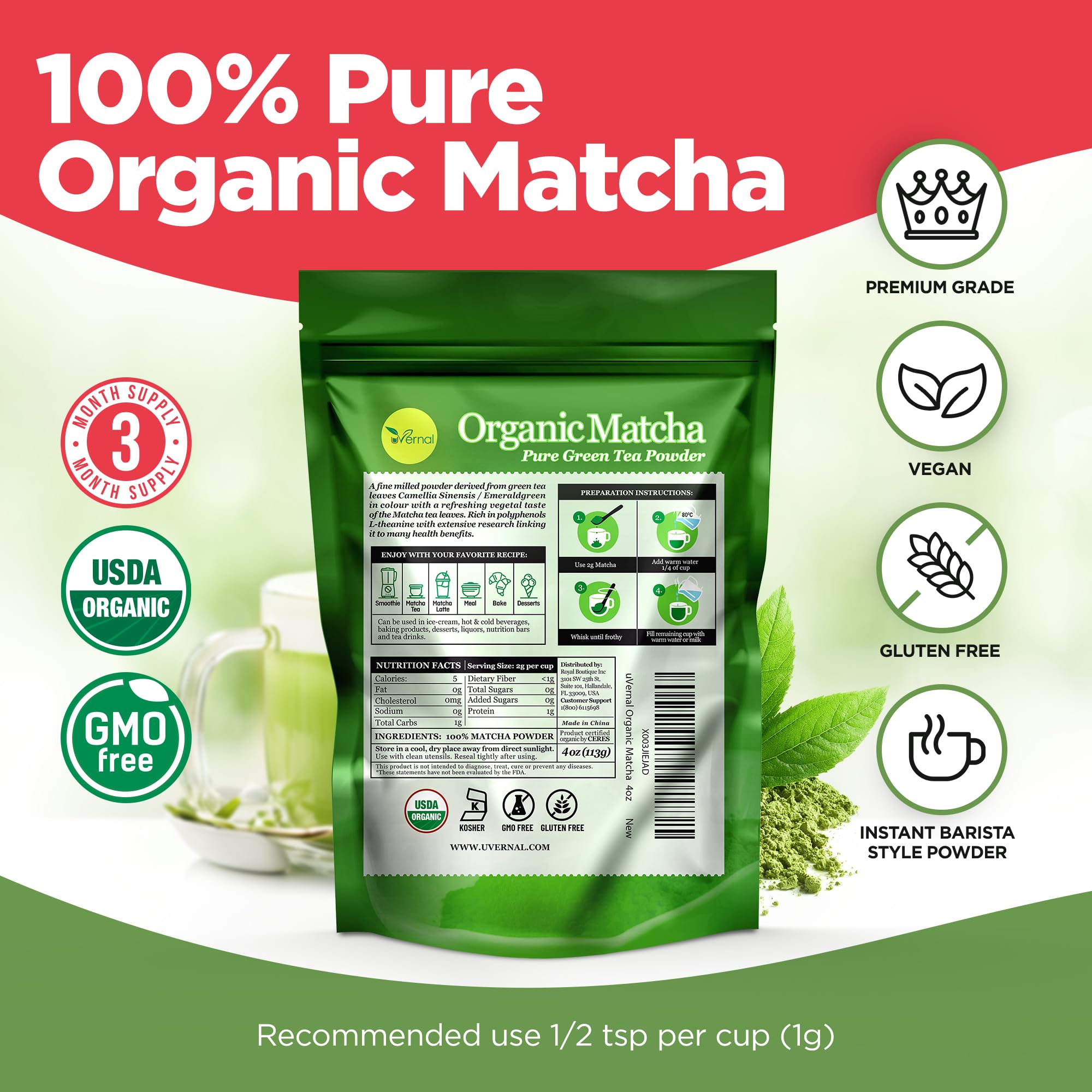 uVernal Organic Matcha Green Tea Powder - 100% Pure Matcha for Smoothies Latte and Baking Easy to Mix - 4oz