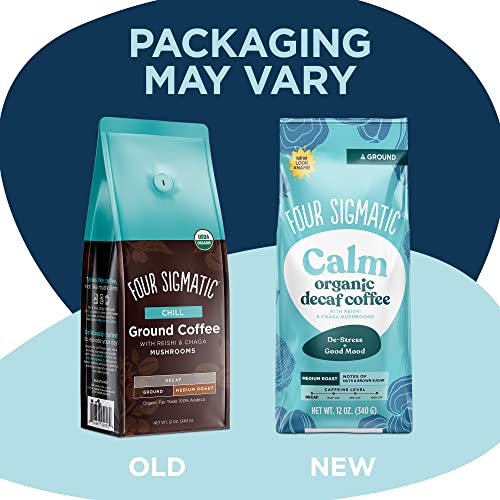 Four Sigmatic Calm Organic Decaf Ground Coffee | Swiss Water Decaf Coffee Ground | Decaffeinated Coffee with Chaga & Reishi Mushroom Extracts | Decaf Coffee for Stress Relief | 12oz Bag