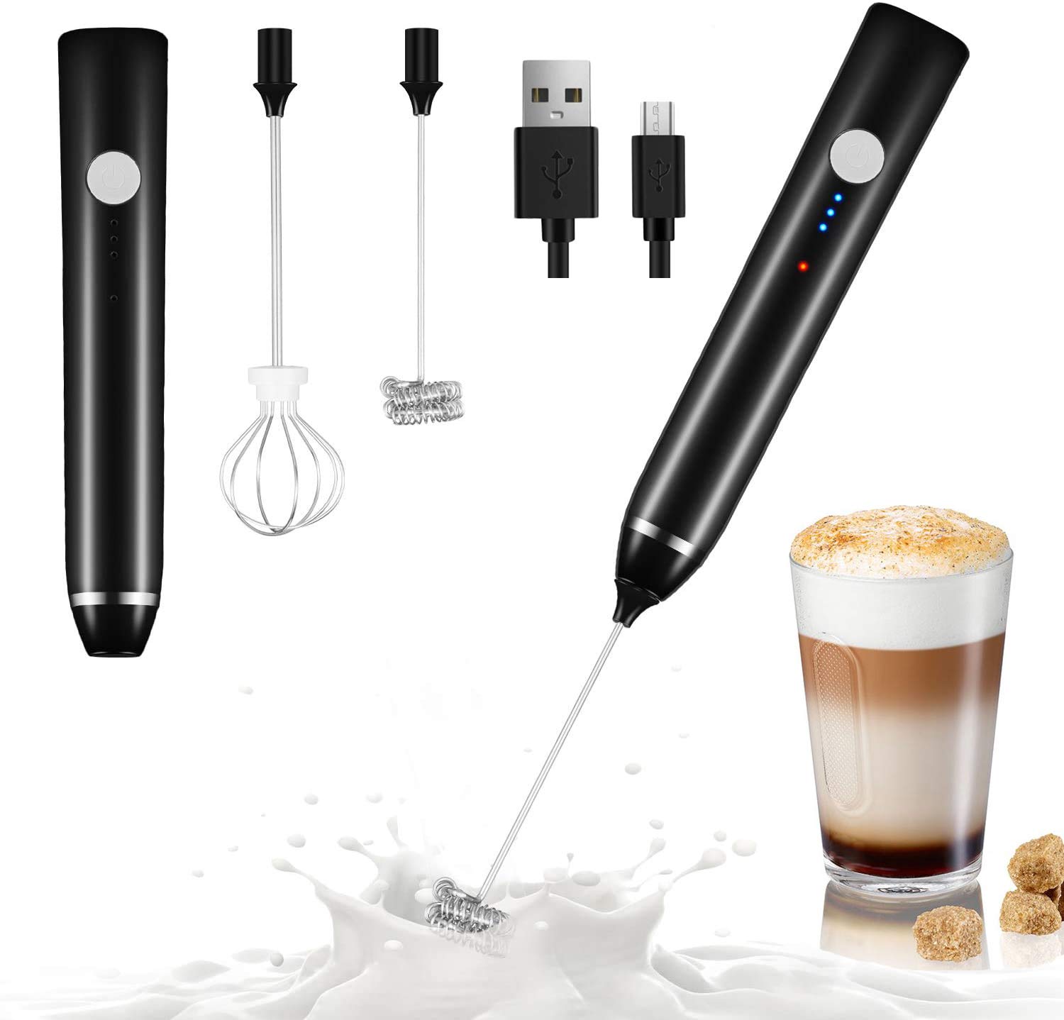 Milk Frother Handheld, Dallfoll USB Rechargeable Electric Foam Maker for Coffee, 3 Speeds Mini Milk Foamer Drink Mixer with 2 Whisks for Bulletproof Coffee Frappe Latte Cappuccino Hot Chocolate