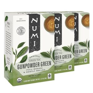 numi organic tea gunpowder green, 18 tea bags (pack of 3), full-bodied gently rolled chinese green tea (packaging may vary)