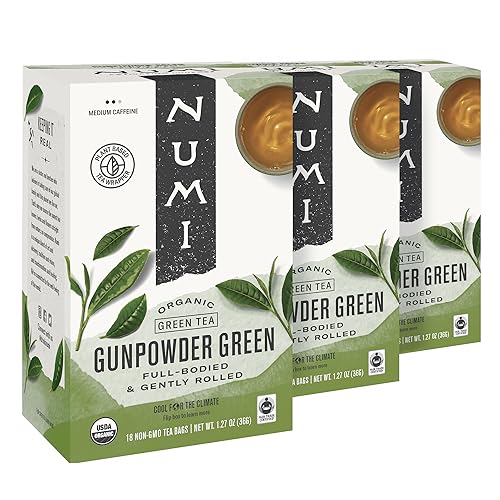 Numi Organic Tea Gunpowder Green, 18 Tea Bags (Pack of 3), Full-Bodied Gently Rolled Chinese Green Tea (Packaging May Vary)