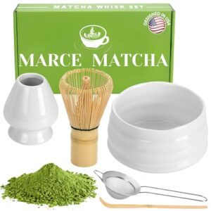 marce matcha whisk set- matcha whisk and bowl, matcha sifter, matcha whisk holder and matcha spoon- the perfect matcha kit for matcha tea (white)