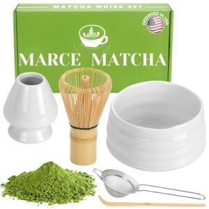 Marce Matcha Whisk Set- Matcha Whisk and Bowl, Matcha Sifter, Matcha Whisk Holder and Matcha Spoon- The Perfect Matcha Kit for Matcha Tea (White)