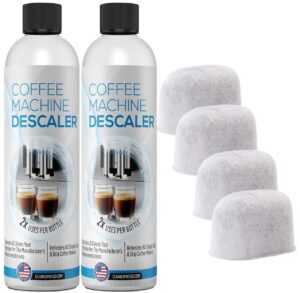 keurig compatible descaling solution (2 bottles, 4 uses plus 4 filters) - universal descaler cleaner concentrate kit compatible with all keurig 1.0 & 2.0 k-cup pod machines and espresso machines