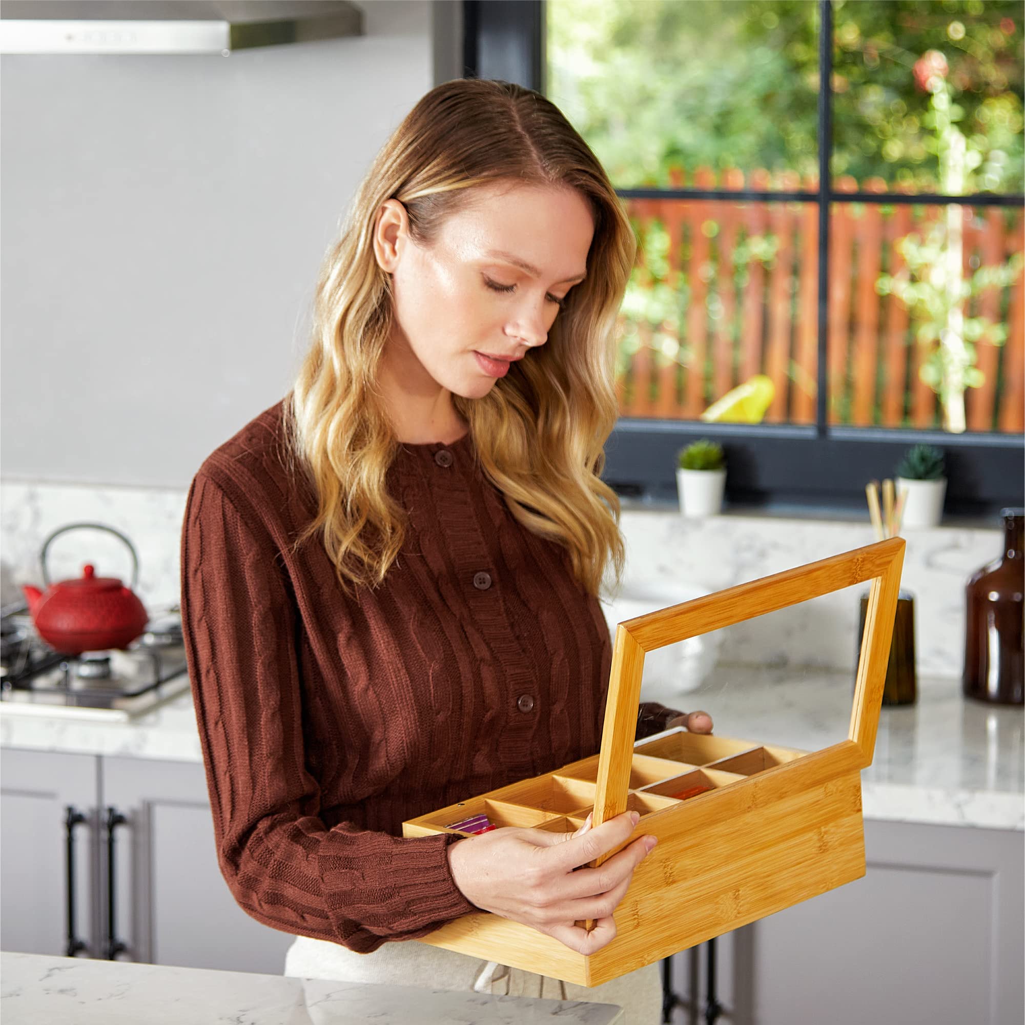 RoyalHouse Big Natural Bamboo Tea Storage Organizer with Clear Acrylic Top Window, 8 Compartments Eco-Friendly Tea Bag Holder, Multi-Functional Storage Box