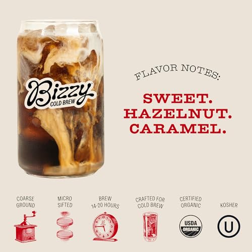 Bizzy Organic Cold Brew Coffee | Smooth & Sweet Blend | Coarse Ground Coffee | Medium Roast | Micro Sifted | Specialty Grade | 100% Arabica | Brew Bags | 12 Count | Makes 42 Cups