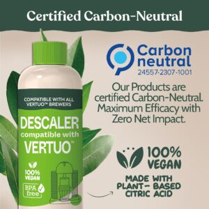 Nespresso Vertuo Compatible Descaling Solution. Eco-Friendly Formula to Clean & Descale Your Nespresso Vertuoline Machine. 2 Uses per Bottle, 2 Pack. Carbon Neutral Vertuo Descaling Kit.