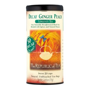 the republic of tea — decaf ginger peach black tea tin, 50 tea bags, environmentally- friendly decaffeinated tea