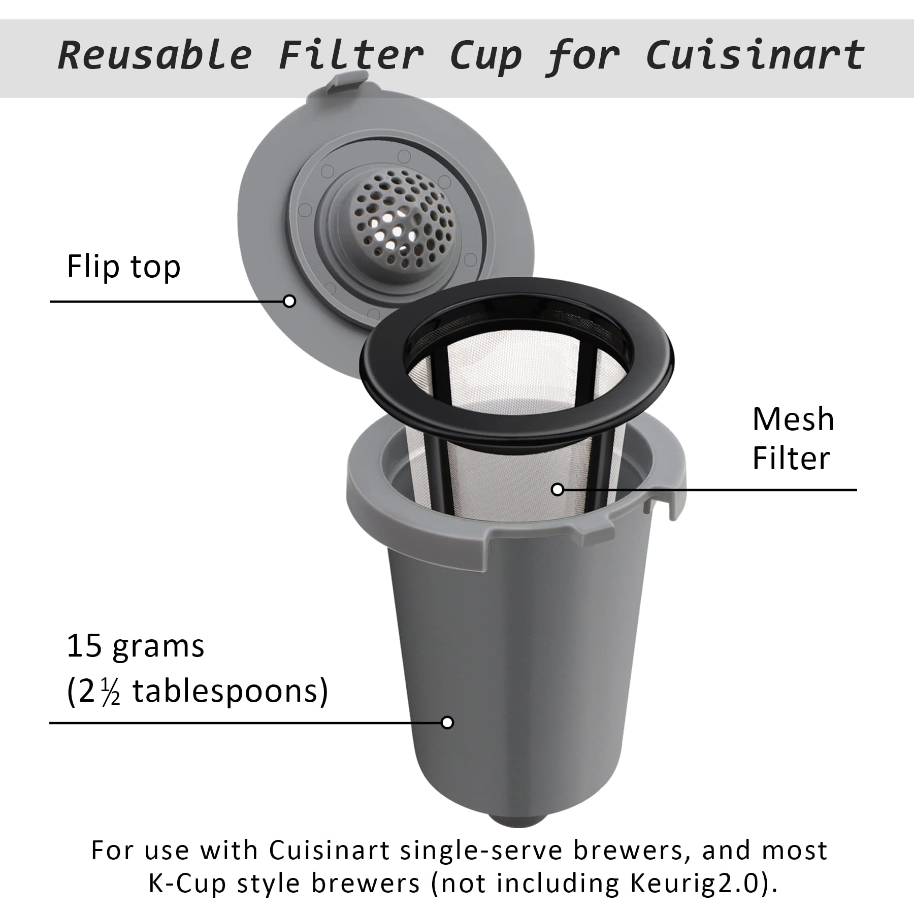 Reusable Filter Cup for Cuisinart, Gray (2 Pack)