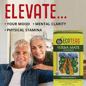 ECOTEAS Organic Unsmoked Yerba Mate Tea Bags - 24 Count, 1.7 Oz - Organic Detox Tea - Hi Caf Tea - Clean Yerba Mate Energy Burst - Ecoteas Yerba Mate