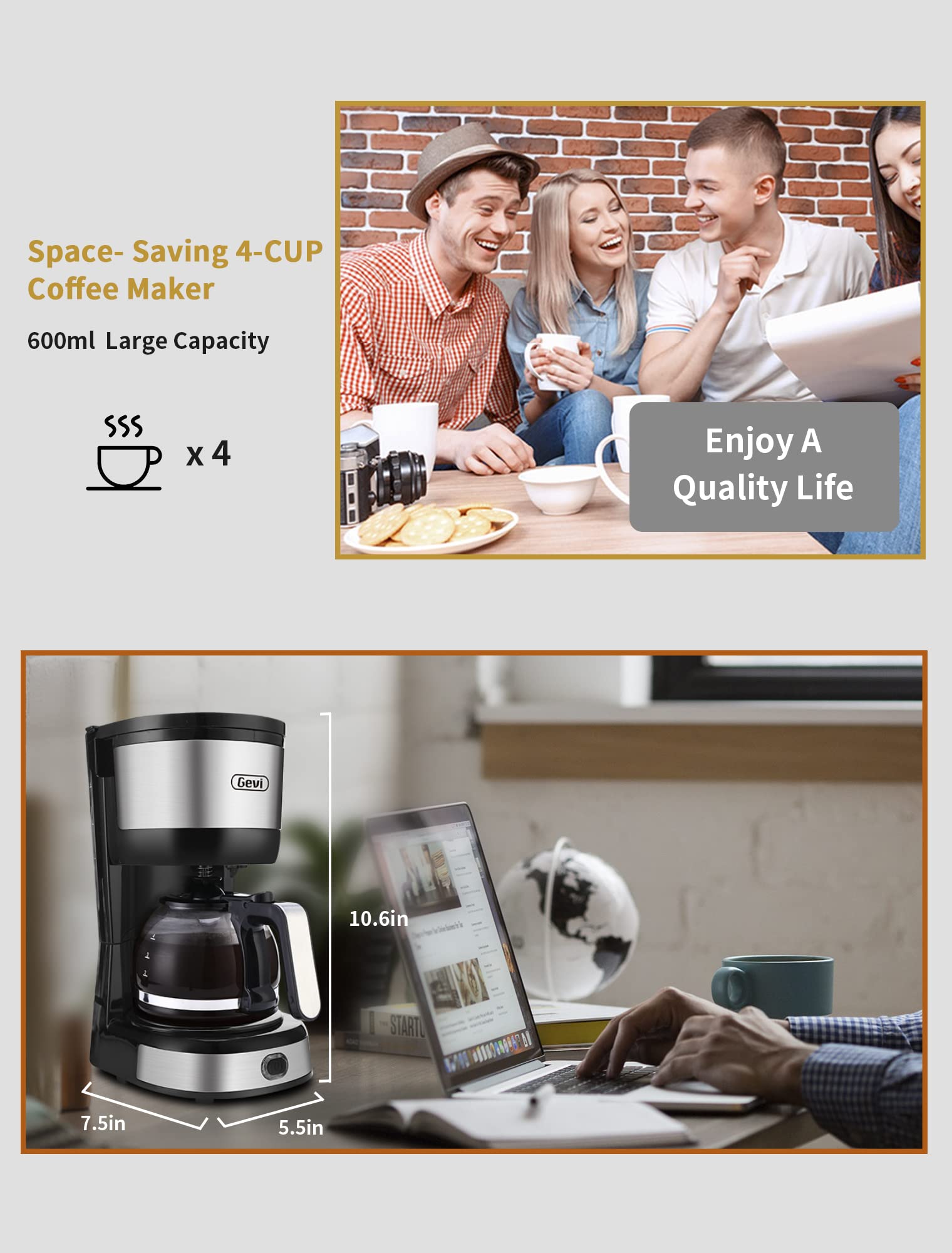 Gevi 4-Cup Coffee Maker with Auto-Shut Off, Small Drip Coffeemaker Compact Coffee Pot Brewer Machine with Cone Filter, Glass Carafe and Hot Plate, Stainless Steel Finish