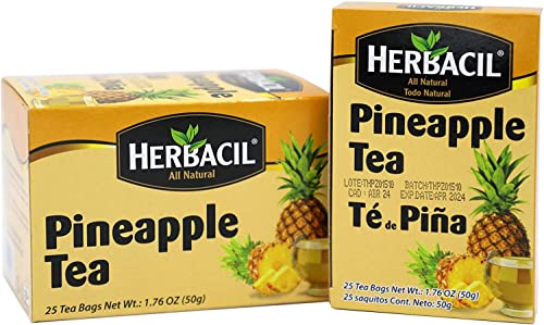 Herbacil Pineapple Tea, Herbal Tea with Dehydrated Pineapple Fruit, Caffeine - Free, 2-Pack of 25 bags per box (50 Tea Bags)