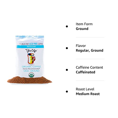 Tyler’s Acid Free Organic Ground Coffee - 100% Arabica Full Flavor - Neutral pH - Caffeinated No Bitter Aftertaste - Gentle on Digestion, Reduce Acid Reflux - Protect Teeth - For Acid Free Diets- Natural and Organic Blend for Common GI Issues 12 oz