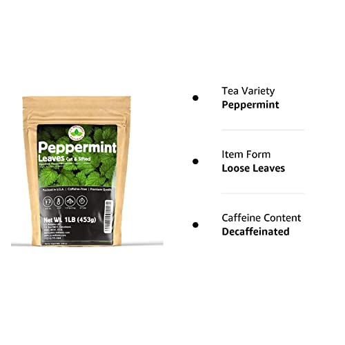 Peppermint Tea 1LB (16Oz), Cut & Sifted | STRONG & FRESH | Non-irradiated, 200+ Cups, Peppermint Loose Leaf Herbal Tea (Mentha Piperita) | Mint Tea | Bulk 1 lb. Large Resealable Bag