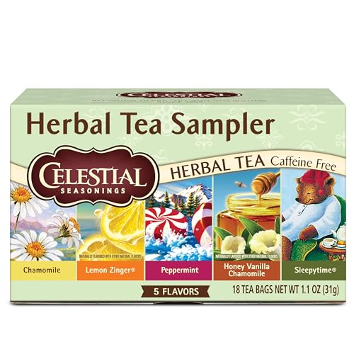 Celestial Seasonings Herbal Tea Sampler Variety Pack, Caffeine Free, 18 Tea Bags Box