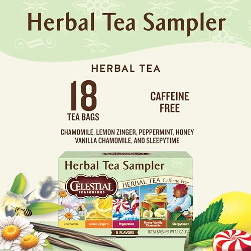 Celestial Seasonings Herbal Tea Sampler Variety Pack, Caffeine Free, 18 Tea Bags Box