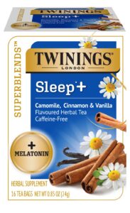 twinings superblends sleep + melatonin, camomile, cinnamon & vanilla flavoured herbal tea, caffeine-free 16 count (pack of 6)