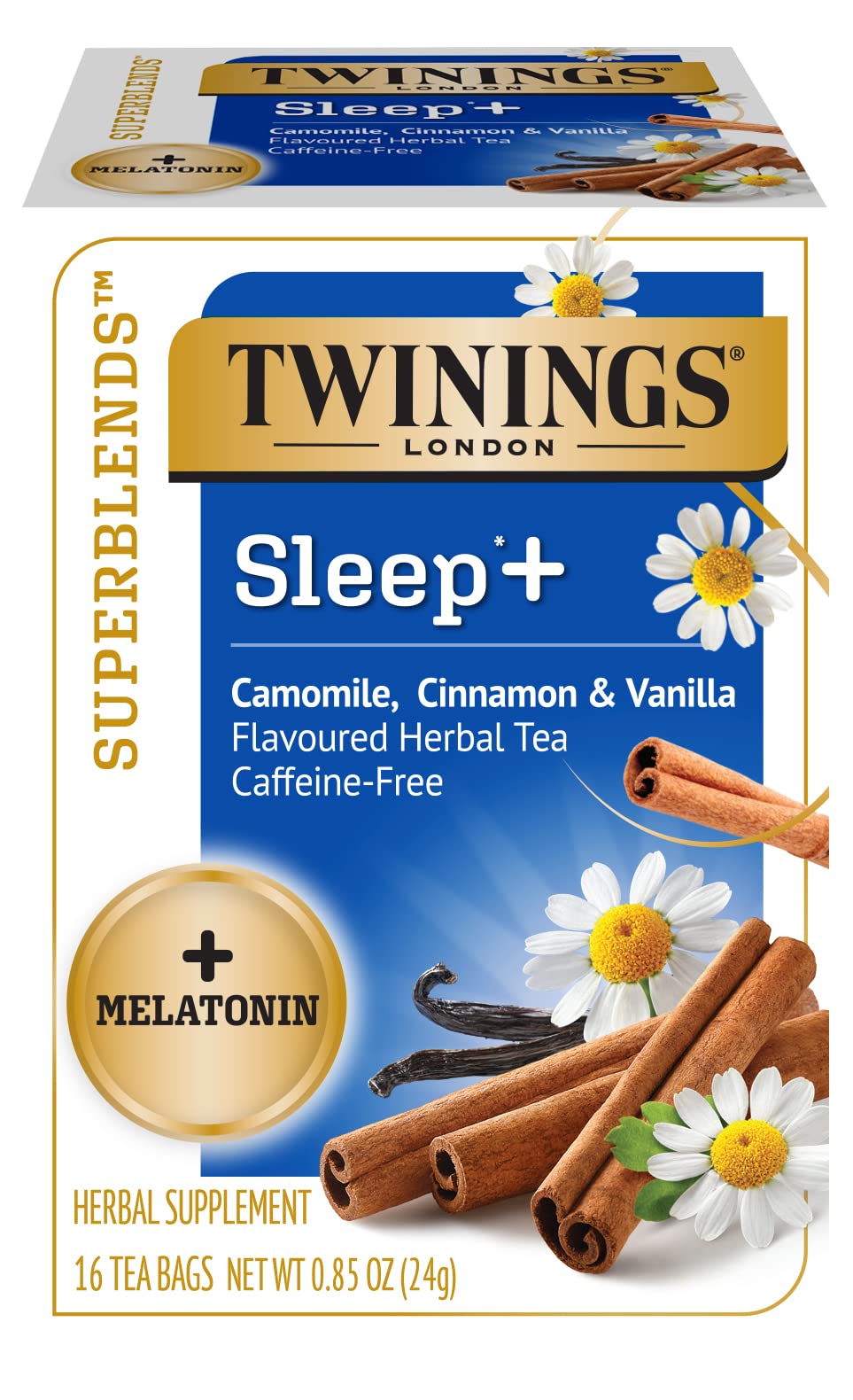 Twinings Superblends Sleep + Melatonin, Camomile, Cinnamon & Vanilla Flavoured Herbal Tea, Caffeine-Free 16 Count (Pack of 6)