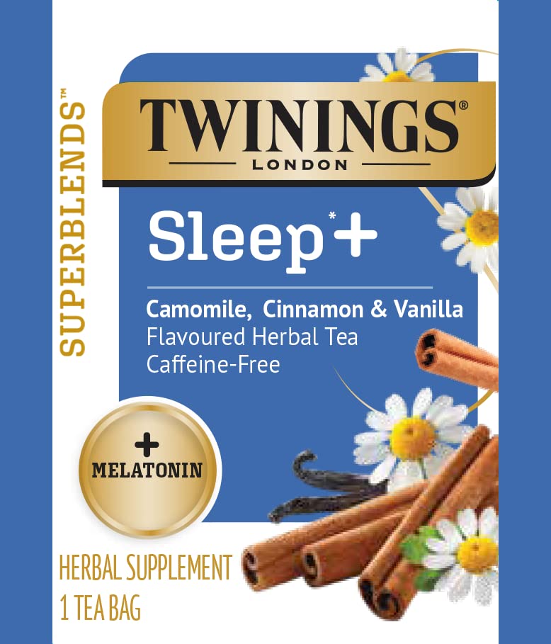 Twinings Superblends Sleep + Melatonin, Camomile, Cinnamon & Vanilla Flavoured Herbal Tea, Caffeine-Free 16 Count (Pack of 6)