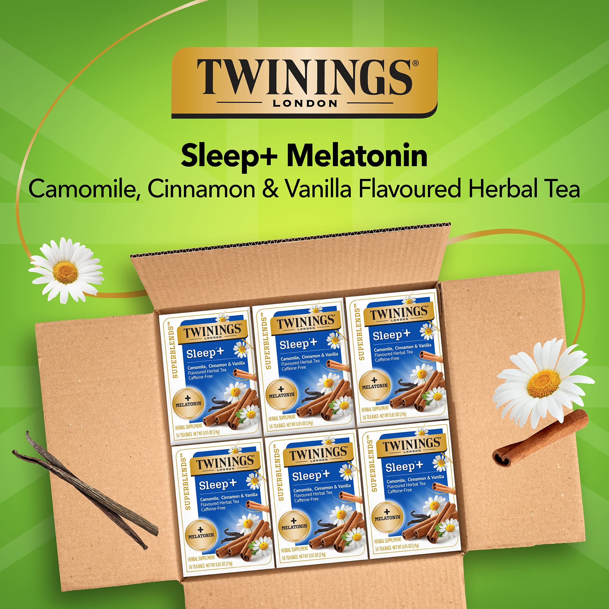 Twinings Superblends Sleep + Melatonin, Camomile, Cinnamon & Vanilla Flavoured Herbal Tea, Caffeine-Free 16 Count (Pack of 6)