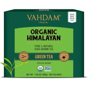 vahdam, organic green tea leaves from himalayas (100 green tea bags) usda organic, non gmo, gluten free, high grown | whole loose-leaf tea bags | resealable ziplock pouch