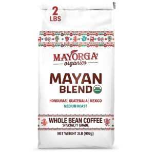 mayorga medium roast whole bean coffee, 2 lb bag - mayan blend organic coffee roast - direct trade, specialty grade, non-gmo 100% arabica coffee beans