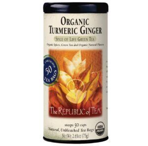 the republic of tea — organic turmeric ginger green tea tin, 50 tea bags, naturally caffeinated
