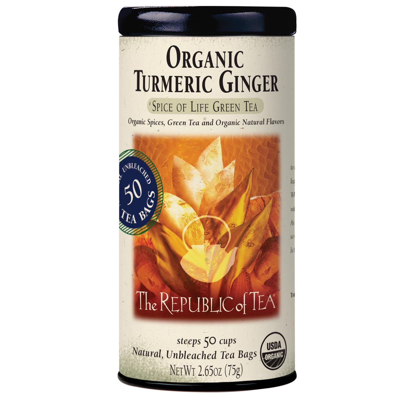 The Republic of Tea — Organic Turmeric Ginger Green Tea Tin, 50 Tea Bags, Naturally Caffeinated