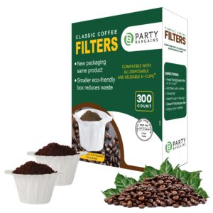 party bargains 300 paper coffee filters - white classic design single-use coffee filter compatible with keurig 1.0 & 2.0, perfect size and quantity