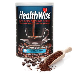 healthwise low acid swiss water decaffeinated coffee, 100% colombian decaf supremo, 12 ounce