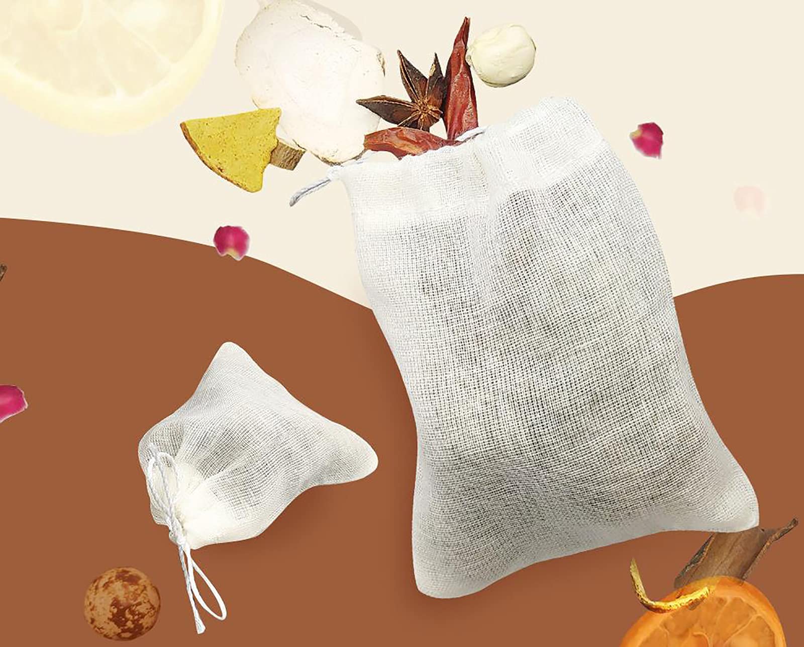 GIYOMI 20 Pcs Muslin Drawstring Bags,Natural Unbleached Cotton Straining Herbs Cheesecloth Bags, Coffee Tea Brew Bags, Soup Gravy Broth Stew Bags, Bone Broth Brew Bags,Spice Bags, 4 x 3 Inches