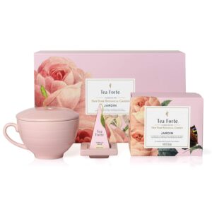 tea forte jardin gift set with pink cafe cup, tea tray and 10 handcrafted pyramid tea infuser bags