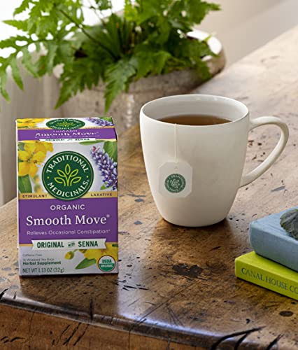 Traditional Medicinals Organic Smooth Move with Senna Herbal Tea, Relieves Occasional Constipation, (Pack of 2) - 32 Tea Bags Total