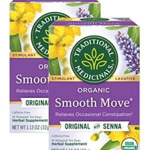 Traditional Medicinals Organic Smooth Move with Senna Herbal Tea, Relieves Occasional Constipation, (Pack of 2) - 32 Tea Bags Total