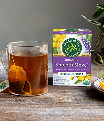 Traditional Medicinals Organic Smooth Move with Senna Herbal Tea, Relieves Occasional Constipation, (Pack of 2) - 32 Tea Bags Total