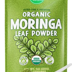 MAJU's Organic Moringa Powder (1 Pound), Oleifera Leaf, Extra-Fine Quality, Dried Drumstick Tree Leaves, For Tea, Smoothies, Food-Grade