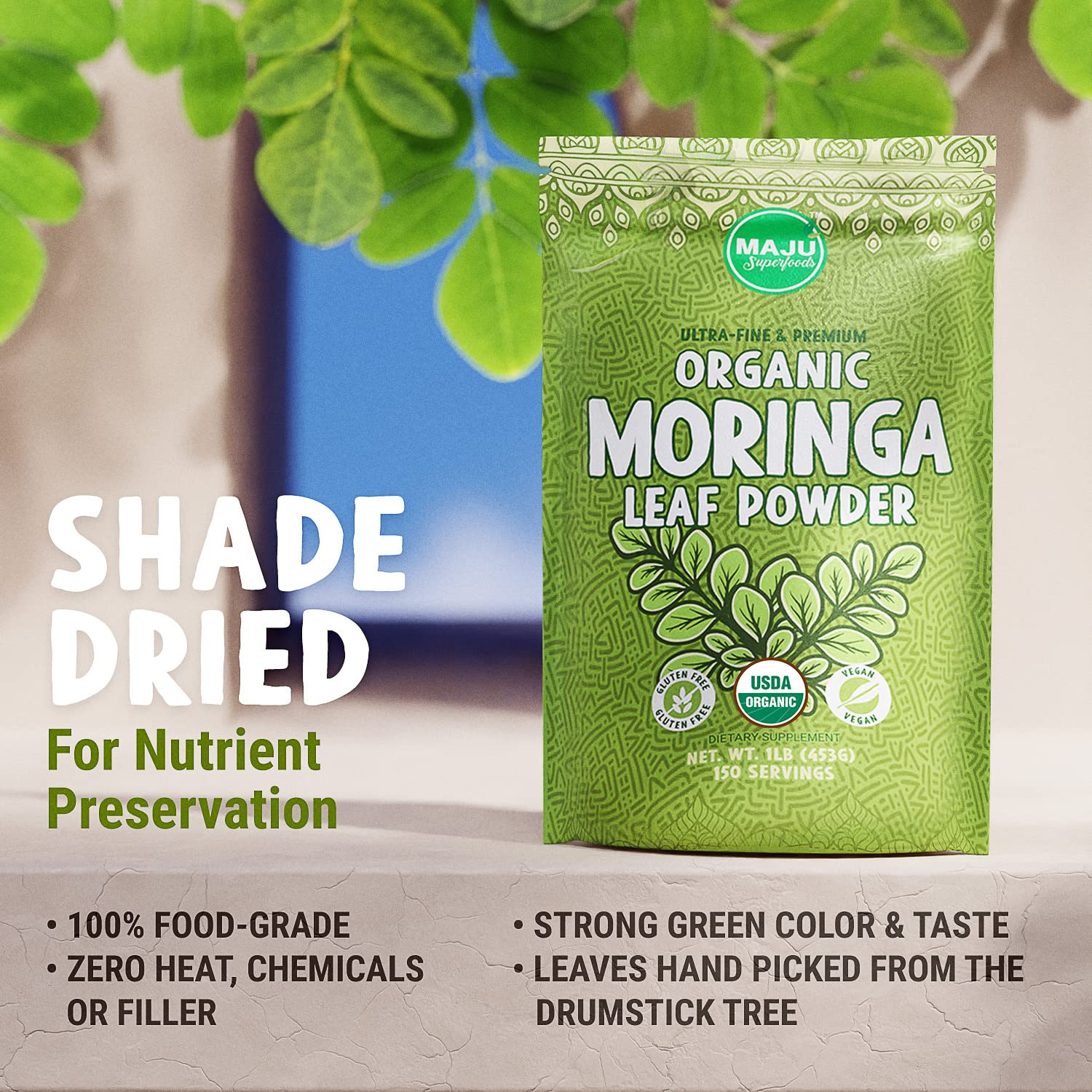 MAJU's Organic Moringa Powder (1 Pound), Oleifera Leaf, Extra-Fine Quality, Dried Drumstick Tree Leaves, For Tea, Smoothies, Food-Grade