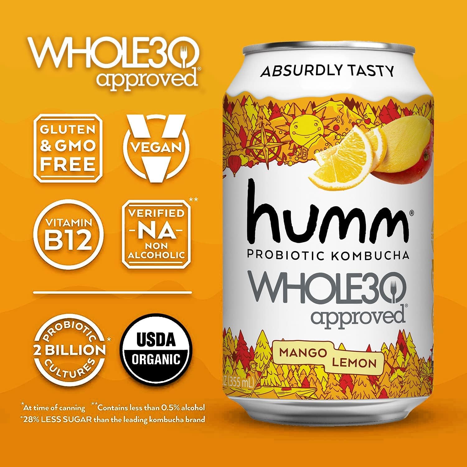 Humm Whole30 Approved Kombucha Variety Pack - Mango Lemon, Mixed Berry, Strawberry Blossom - Organic, Vegan & GMO-Free (12 Pack)