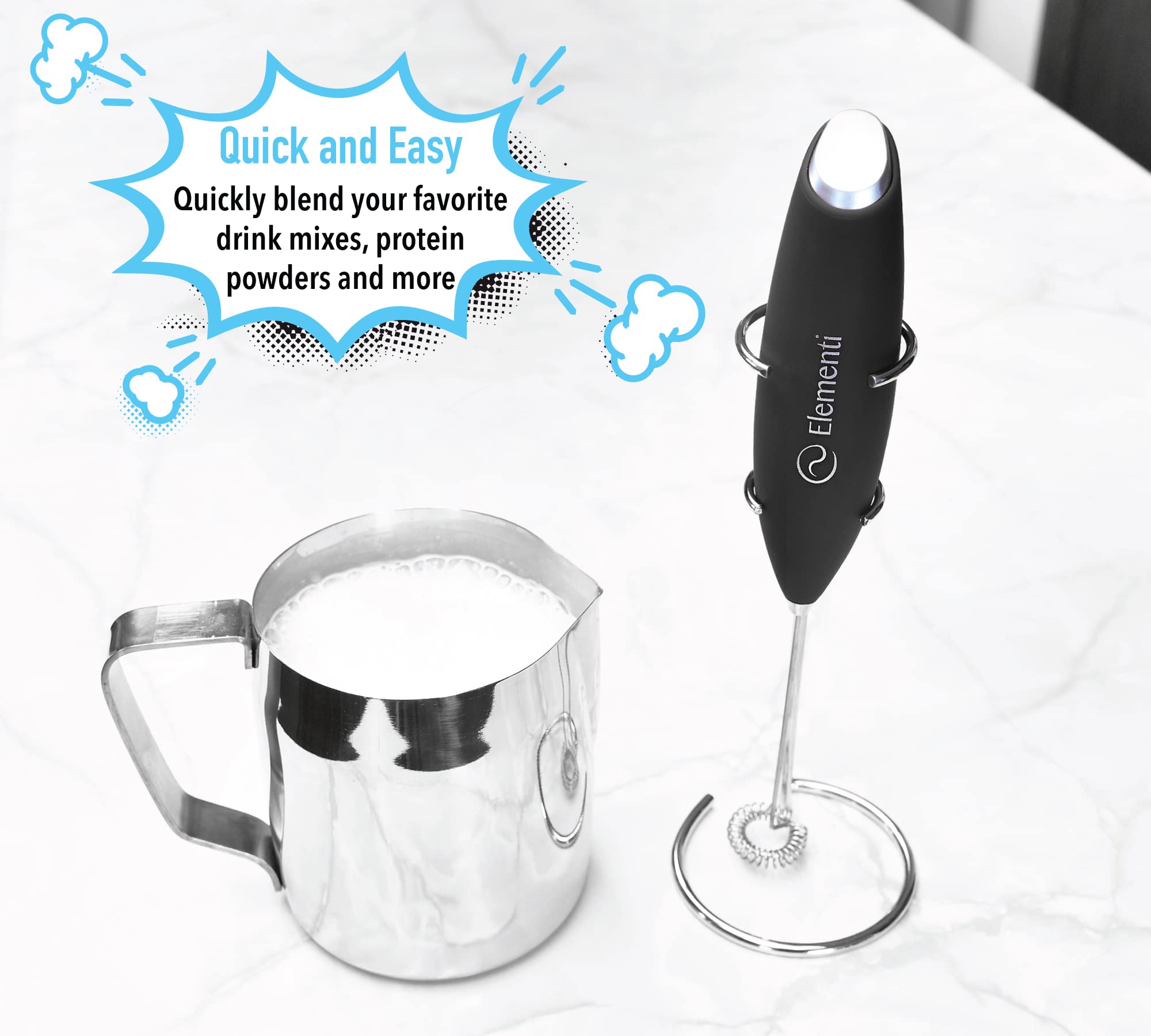 Elementi Milk Frother Wand & Matcha Mixer, Mini Electric Whisk for Coffee - Frother for Coffee - Milk Frother Handheld - Coffee Stirrers Electric Matcha Frother & Hand Whisk (Black)