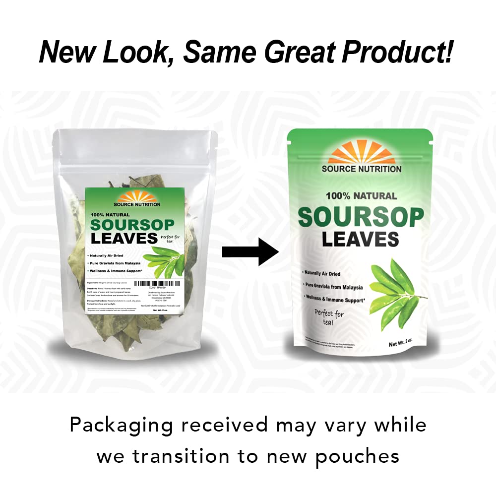 Organic Dried Soursop Leaves by Source Nutrition - Pure Graviola for Tea, Whole Dried Leaves, High in Acetogenins - 2 oz Resealable Bag