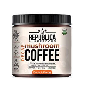 La Republica Organic Decaf Mushroom Coffee with 7 Superfood Mushrooms, Water-Processed Instant Coffee Mix with Lion's Mane, Reishi, Chaga, Cordyceps, Shiitake, Maitake, and Turkey Tail (Regular)