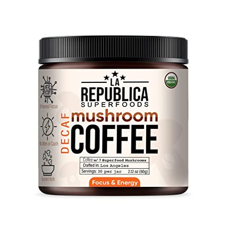 La Republica Organic Decaf Mushroom Coffee with 7 Superfood Mushrooms, Water-Processed Instant Coffee Mix with Lion's Mane, Reishi, Chaga, Cordyceps, Shiitake, Maitake, and Turkey Tail (Regular)