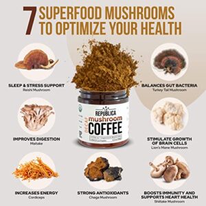 La Republica Organic Decaf Mushroom Coffee with 7 Superfood Mushrooms, Water-Processed Instant Coffee Mix with Lion's Mane, Reishi, Chaga, Cordyceps, Shiitake, Maitake, and Turkey Tail (Regular)