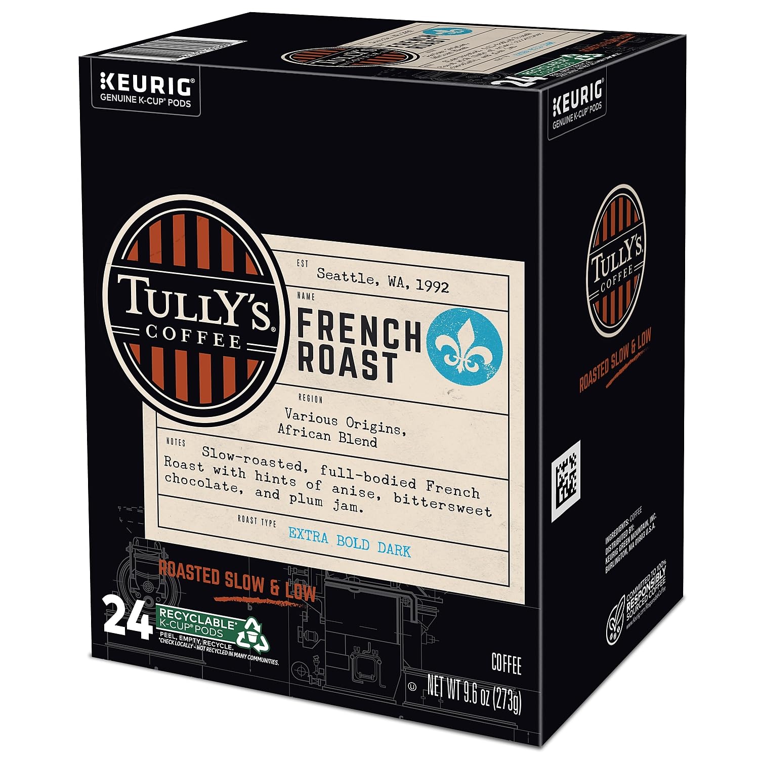 Tully's Coffee French Roast, Keurig Single-Serve K-Cup Pods, Dark Roast, 96 Count (4 Packs of 24)