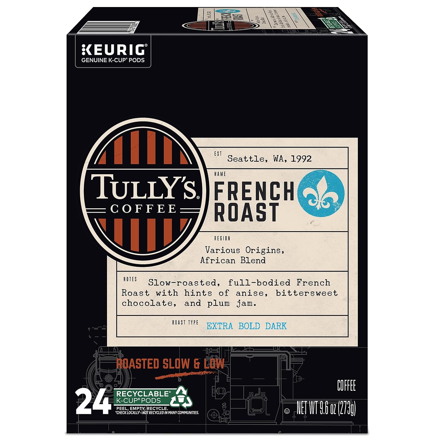 Tully's Coffee French Roast, Keurig Single-Serve K-Cup Pods, Dark Roast, 96 Count (4 Packs of 24)