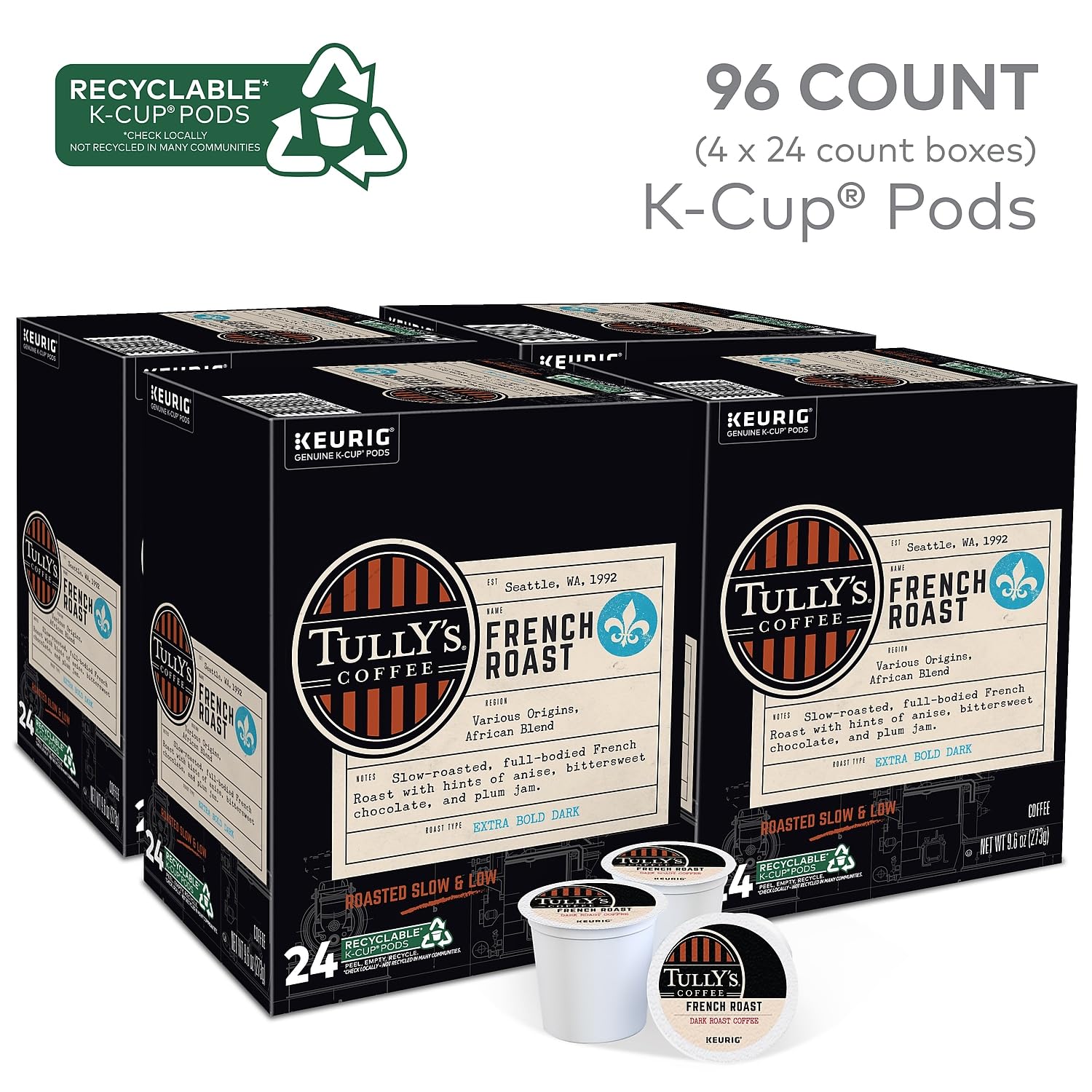 Tully's Coffee French Roast, Keurig Single-Serve K-Cup Pods, Dark Roast, 96 Count (4 Packs of 24)