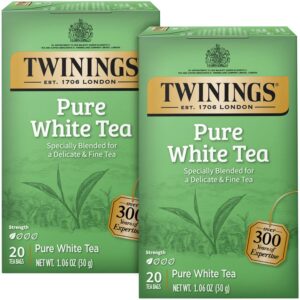 twinings pure white tea bags - delicate caffeinated tea made from fresh white tea leaves, perfect for hot or iced tea, 20 count (pack of 2)