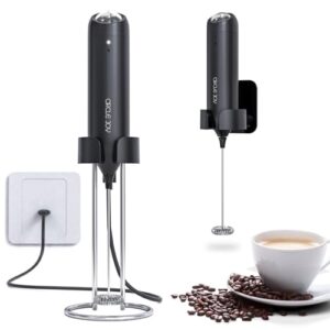 circle joy wall mounted milk frother handheld rechargeable milk foamer electric mini drink mixer with 2-in-1 stainless steel stand for coffee, cappuccino, lattes, frappe, matcha and hot chocolate