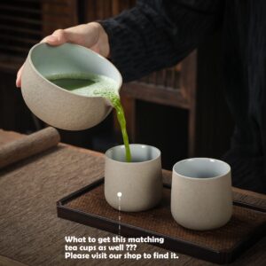 Japanese Tea Set (7pcs) Matcha Bowl with Pouring Spout Bamboo Matcha Whisk (chasen) Scoop (chashaku) Matcha Whisk Holder Tea Making Kit. N2, Darker Grey, Matcha Green Tea Powder